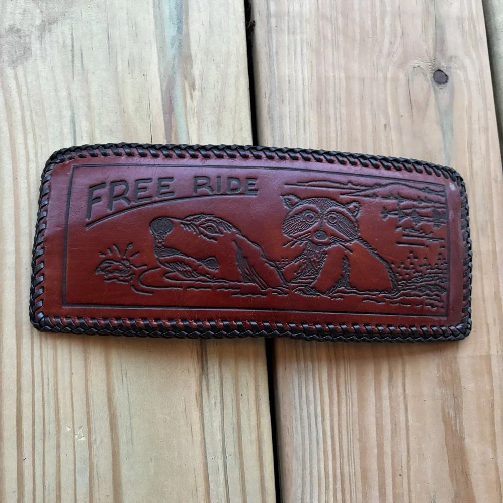 Vintage Hand Tooled Leather Wallet Bi Fold Handmade Whipstitch Raccoon Free Ride